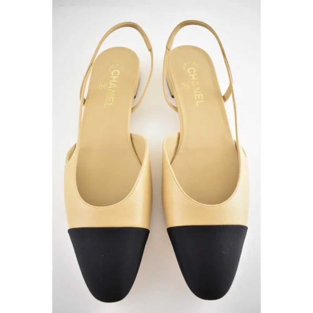 Chanel REV Beige Leather Black Cap CC Logo Coco Sling Slingback Ballet Flat 42.5